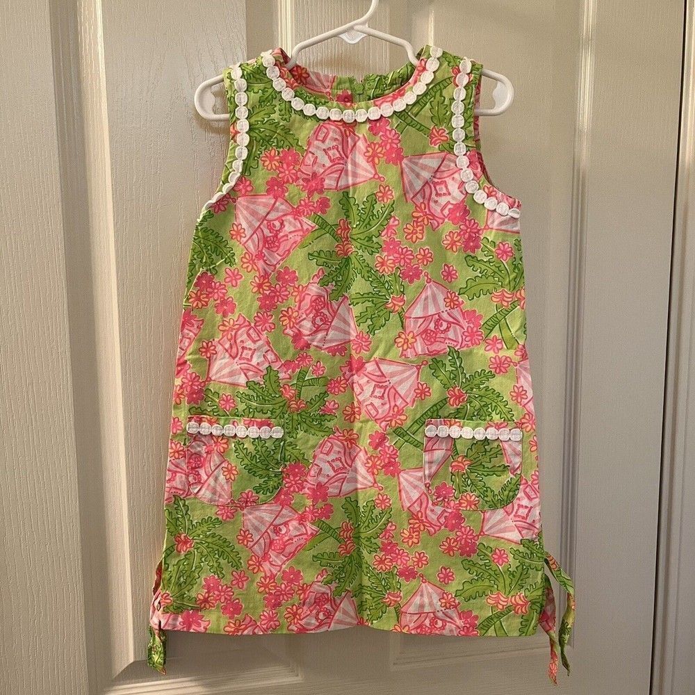 Lilly Pulitzer Shift Dress Palm Trees Floral Tents Pink Green Girls Size 5